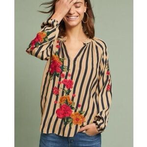 Akemi & Kin Anthropologie Manuela Embroidered & Striped Blouse Black/Tan Size XS